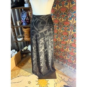 Made in Heaven Black Grey Tribal Print Mesh Maxi Skirt Vintage Y2K Goth Grunge